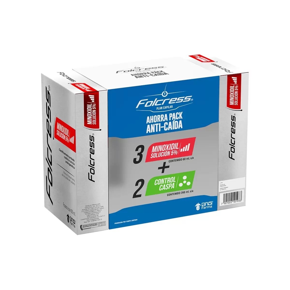 5pk FOLCRESS HAIR LOSS / SOLUCION PARA CAIDA DE CABELLO/ MINOXIDIL 5% & SHAMPOO